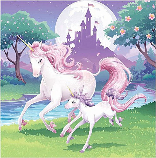 Unicorn with Colt and Castle Edible Image Icing Cake Topper for Quarter Sheet Cake, by TNCT