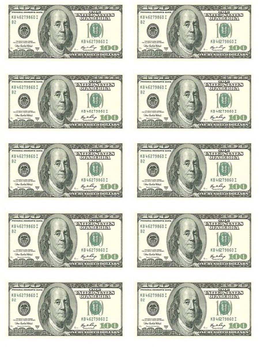 Ten 100 Dollar Bill Images Edible Image Cake Topper for a Quarter Sheet Cake, by Tnct.