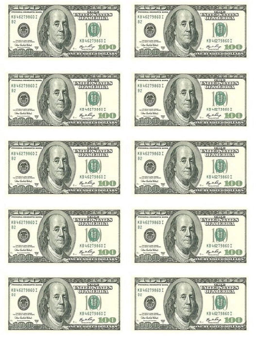 Ten 100 Dollar Bill Images Edible Image Cake Topper for a Quarter Sheet Cake, by Tnct.