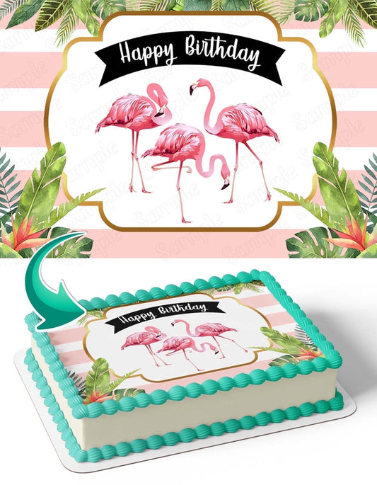 Tropical Flamingo Birds Edible Image Icing Cake Topper for Quarter Sheet Cake, by Tnct.