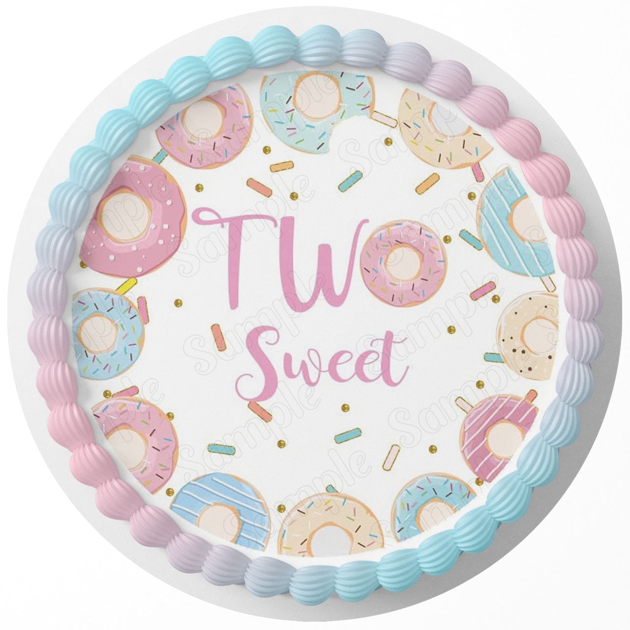 9.5" Round Pre-Cut Two Sweet Donuts Pink Edible Image Cake Topper By TNCT