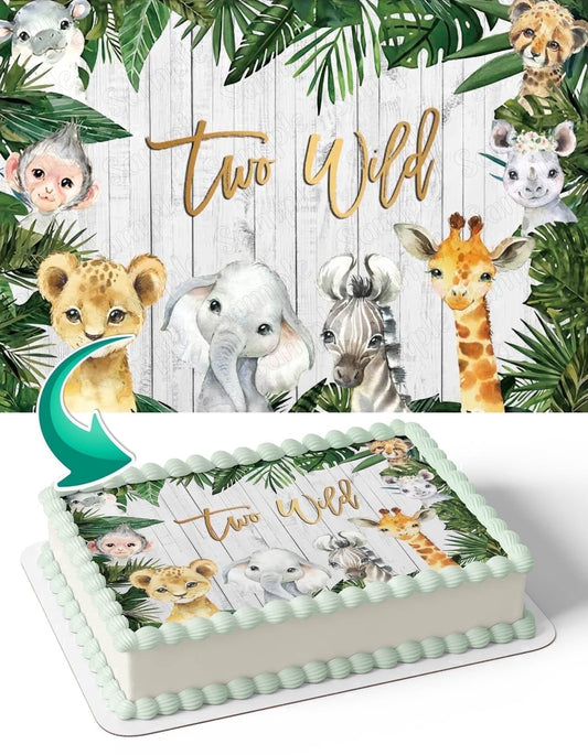 Two Wild Baby Jungle Safari Animals Edible Image Icing Cake Topper for Quarter Sheet Cake, by TNCT