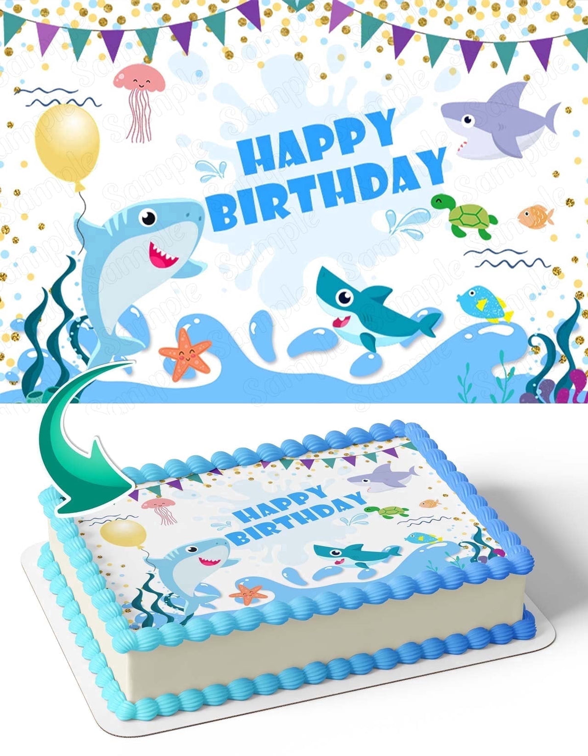 Under Sea Water Shark USS Edible Image Icing Cake Topper for Quarter Sheet Cake, by TNCT