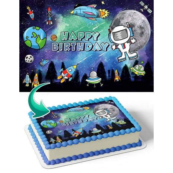 Universe Planet Space Station Happy Birthday Edible Image Cake Topper For Half Sheet Cake By TNCT