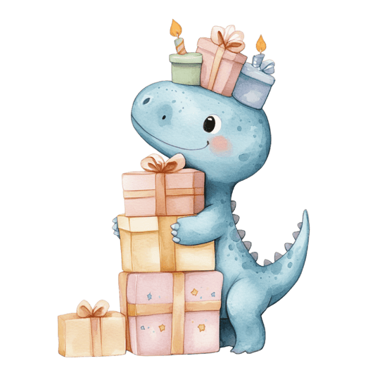 Watercolor BaBy Blue Dinosaur Hugging Presents Birthday, BaBy Shower Theme Photo Edible Image Cake Topper For Half Sheet Cake