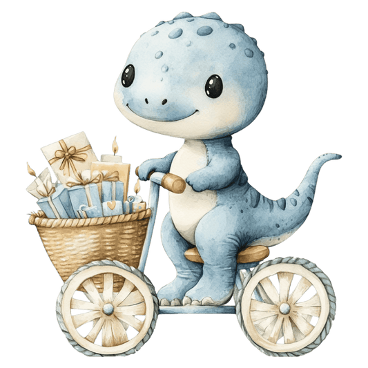 Watercolor Baby Blue Dinosaur on Bike with Presents Edible Icing Image Cake Topper, by Tnct.