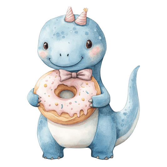 Watercolor BaBy Blue Dinosaur With Pink Hat & Donut Birthday, BaBy Shower Theme Photo Edible Image Cake Topper For Half Sheet Cake