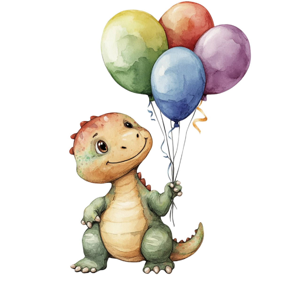 Watercolor Baby Green Dinosaur Looking up at Balloons Edible Icing Image Cake Topper, by Tnct.