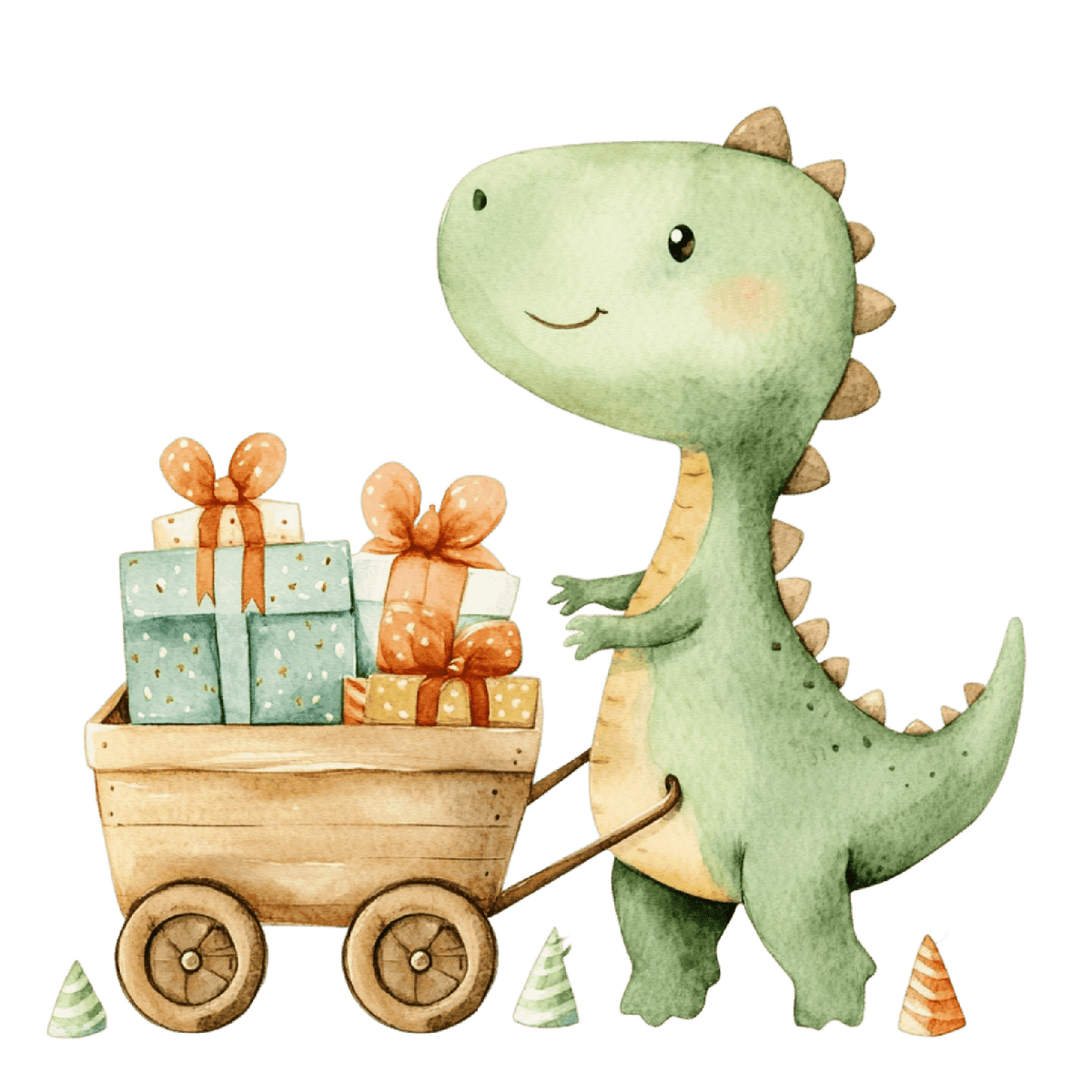 Watercolor Baby Green Dinosaur with Wagon Full of Presents Edible Icing Image Cake Border Strips & Cake Toppers, by TNCT (3 Count)