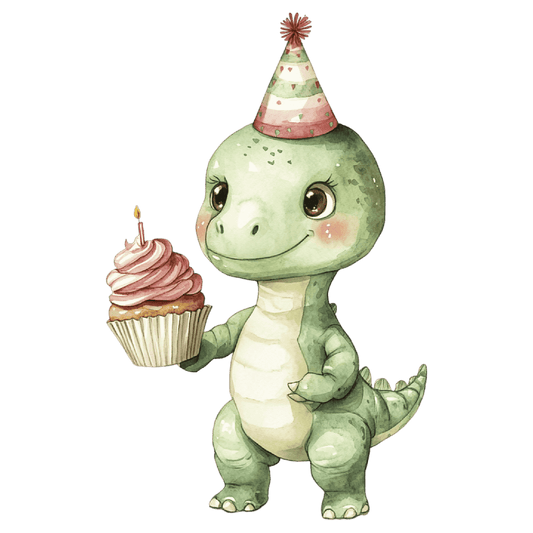 Watercolor Baby Green Dinosaur with Birthday Hat & Cupcake Edible Icing Image Cake Topper, by Tnct.