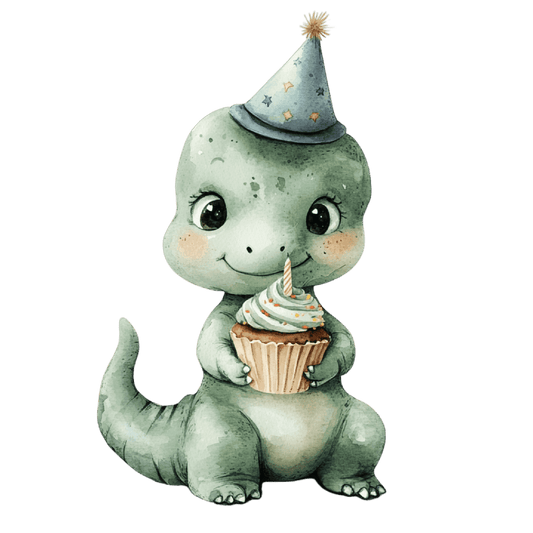 Watercolor Baby Green Dinosaur with Cupcake Edible Icing Image Cake Topper, by Tnct.
