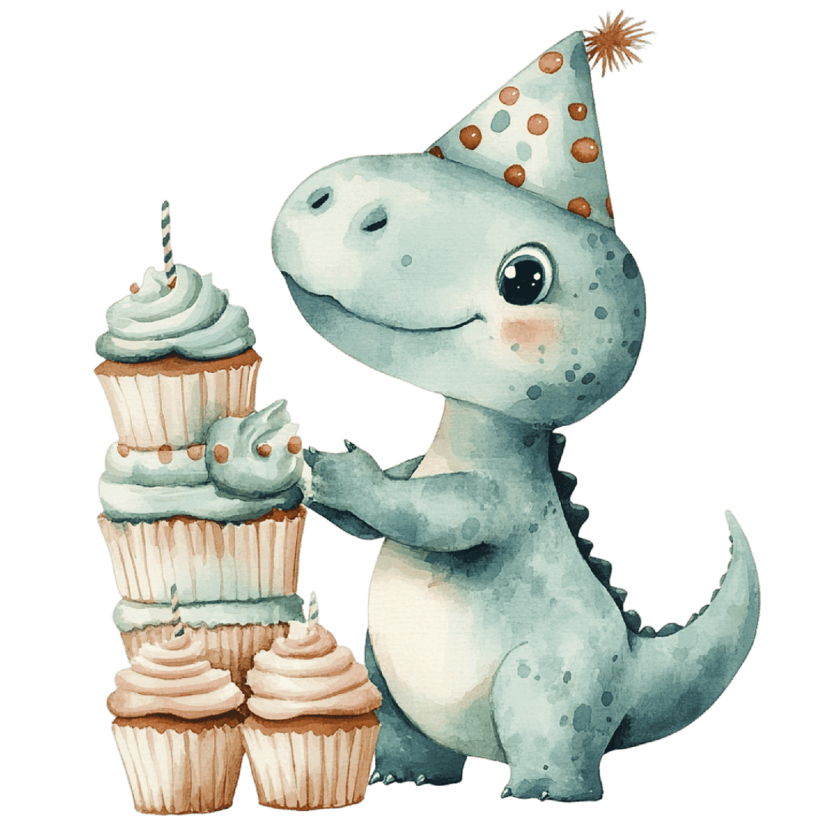 Watercolor Baby Green Dinosaur with Hat Stacking Cupcakes Edible Icing Image Cake Topper, by Tnct.