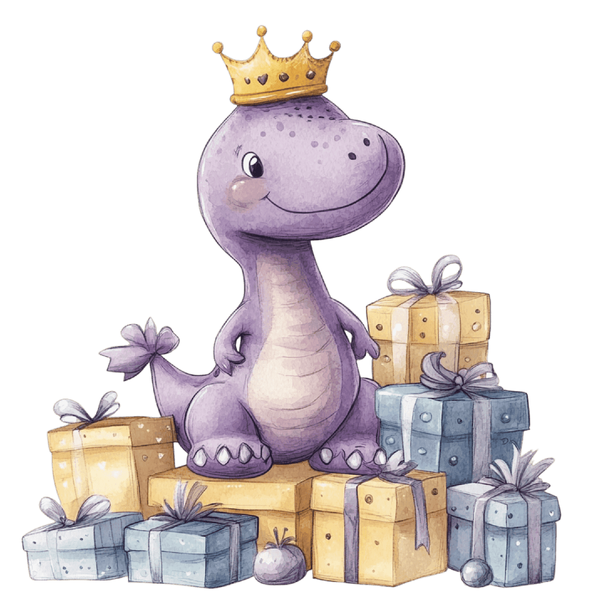Watercolor Baby Purple Dinosaur with Crown & Presents Edible Icing Image Cake Topper, by Tnct.