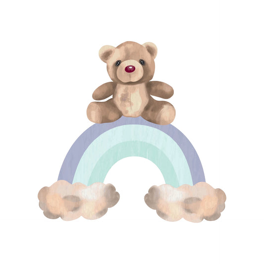 Watercolor BaBy Teddy Bear Sitting on Rainbow Perfect For Boho, Woodland, Birthday, BaBy Or Bridal Shower Themes Photo Edible Image Cake Topper For Half Sheet Cake