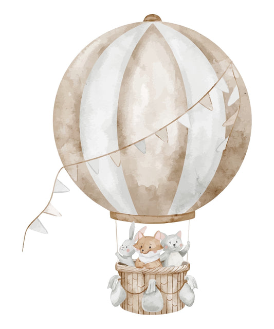 Watercolor Rabbit, Fox & Cat in Hot Air Balloon Edible Icing Image Cake Topper, by Tnct.