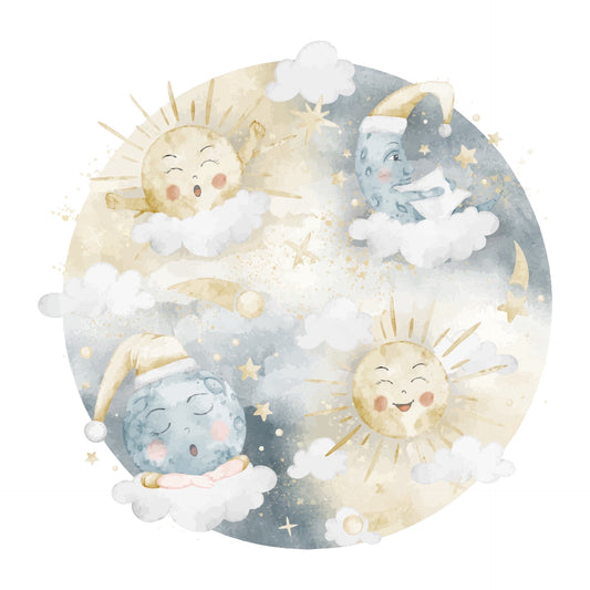 Watercolor Whimsical Moon Yawning, Sun Smiling & Stars Edible Icing Image Cake Topper, by Tnct.