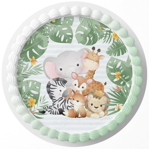 6" Round Pre-Cut Wild Baby Jungle Animals Themed Edible Image Cake Topper By TNCT