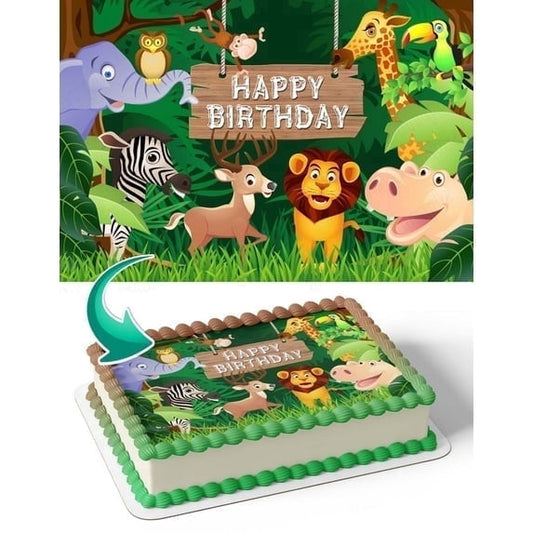 Wild Jungle Animals Happy Birthday Edible Icing Image Cake Topper, by Tnct.