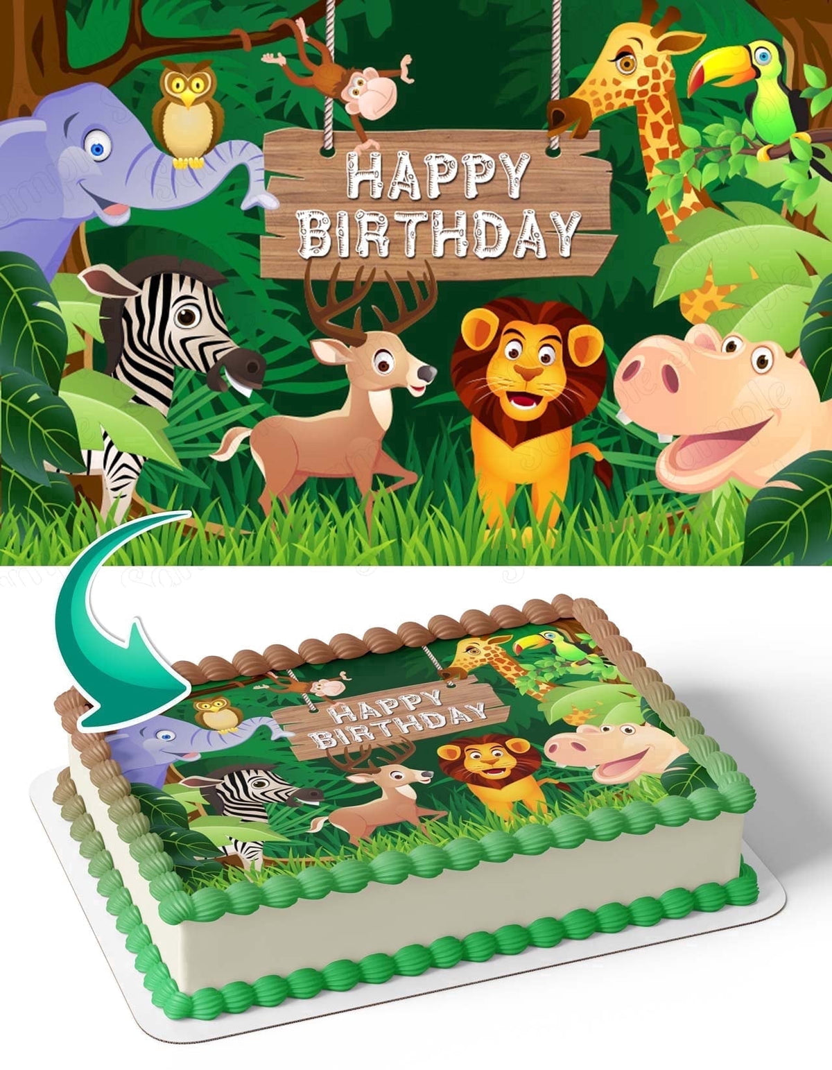 Wild Jungle Animals Edible Image Icing Cake Topper for Quarter Sheet Cake, by TNCT