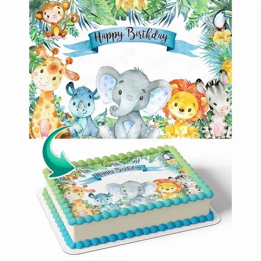 Wild Jungle Safari Animals Happy Birthday Blue Banner Edible Icing Image Cake Topper, by Tnct.