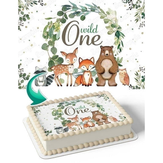 Wild One Baby Forest Animals Bear, Fox, Owl, Raccoon Edible Image Cake Topper, by Tnct.