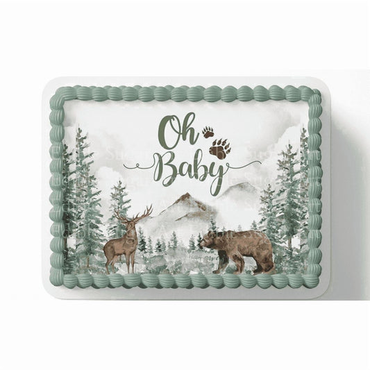 Woodland Oh Baby, Bear & Elk Baby Shower Edible Image Cake Topper, by TNCT
