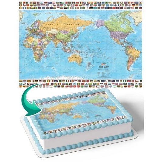 World Globe Map Edible Icing Image Cake Topper, by Tnct.