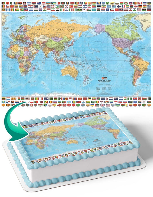 World Map Globe Earth Edible Image Icing Cake Topper for Quarter Sheet Cake, by TNCT