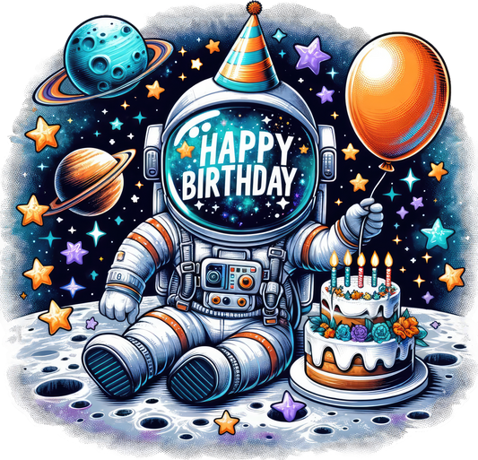 Astronaut with Happy Birthday Balloons & Cake Galaxy Theme Edible Image Cake Topper for Quarter Sheet Cake, by Tnct. (1 Count)