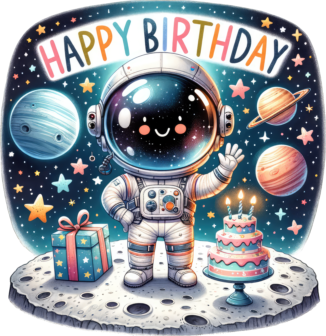 Smiling Astronaut with Birthday Banner Space Theme Edible Image Cake Topper for Half Sheet Cake, by Tnct. (1 Count)