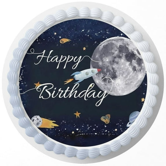 7.5" Round Pre-Cut Space Rocket Moon Stars Galaxy Happy Birthday Edible Image Cake Topper By TNCT