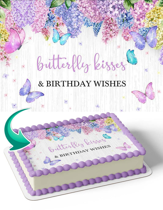 Butterfly Kisses Birthday Edible Image Cake Topper Personalized Birthday Sheet Decal Banner 1/4 Sheet