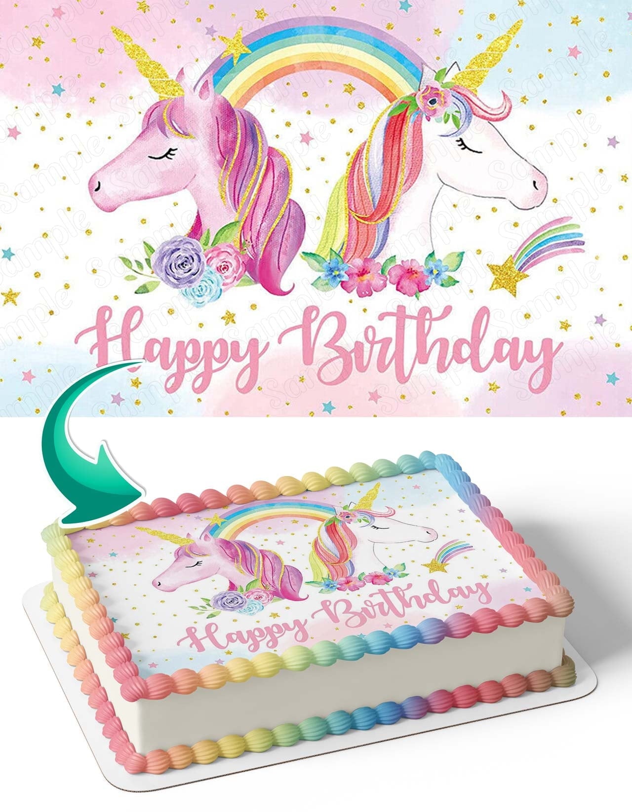 Unicorn Horse Rainbow Edible Cake Image Topper Birthday Photo Icing Fondant Decoration Print 1/4 Sheet