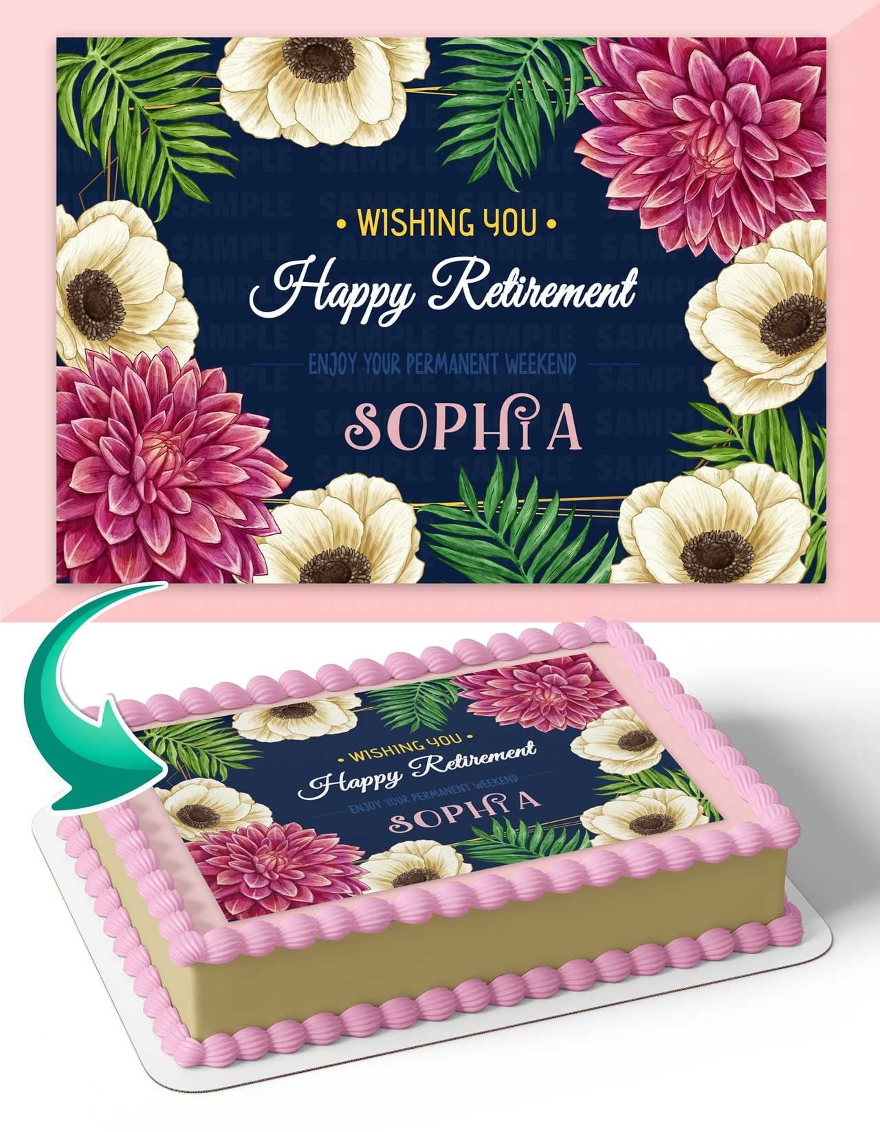 Happy Retirement Flowers Edible Image Cake Topper Personalized Birthday Sheet Decal Banner 1/4 Sheet