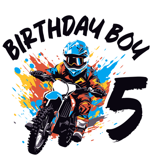 6" Round Pre-Cut Dirtbiker Motocross 5th Birthday Edible Image Cake Topper, by Tnct. (1 Count)