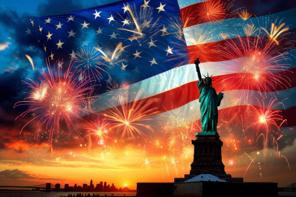 Happy Independence Day Festive Flag, Fireworks & Statue of Liberty Edible Image Cake Topper for Quarter Sheet Cake, by Tnct. (1 Count)