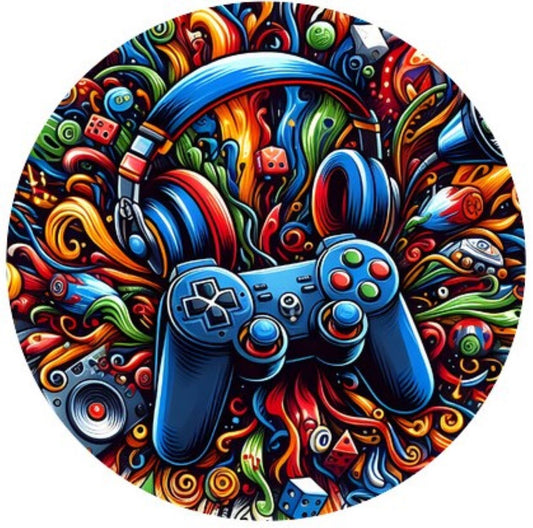 6" Round Pre-Cut Birthday Gamer Controller & Headphones Theme Edible Image Cake Topper, by Tnct. (1 Count)