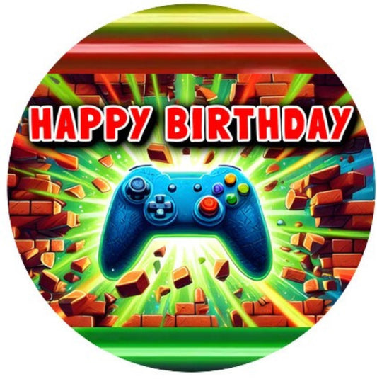 1.875" Pre-Cut Round Happy Birthday Gamer Controller Theme Edible Image Cupake Toppers, by Tnct. (1 Count)