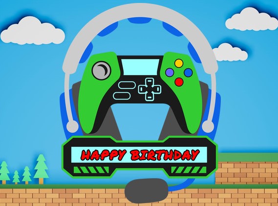 Gamer Background with Headphones & Gamer Controller Happy Birthday Edible Image Cake Topper for Half Sheet Cake, by Tnct. (1 Count)