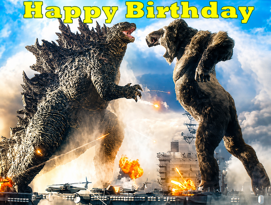 Bright & Exciting King Kong & Godzilla Happy Birthday Edible Image Cake Topper for Quarter Sheet Cake, by Tnct. (1 Count)