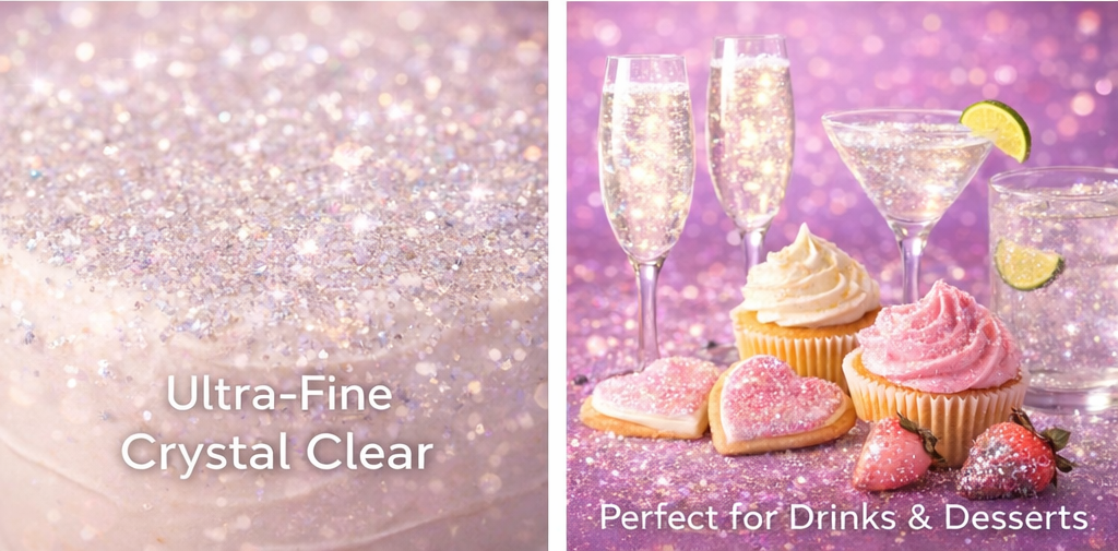 Sparkly Edible Glitter for Cakes, Cupcakes & Drinks – Crystal Clear – 5 Gram Pot with Tear Drop Lid