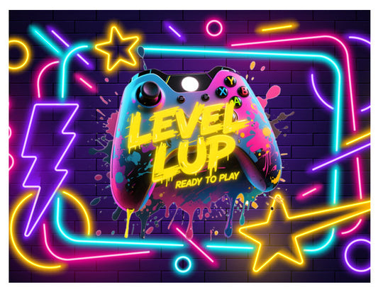 Neon Fun Happy Birthday Level Up Gamer Controller Theme Edible Image Cake Topper for Half Sheet Cake, by Tnct. (1 Count)