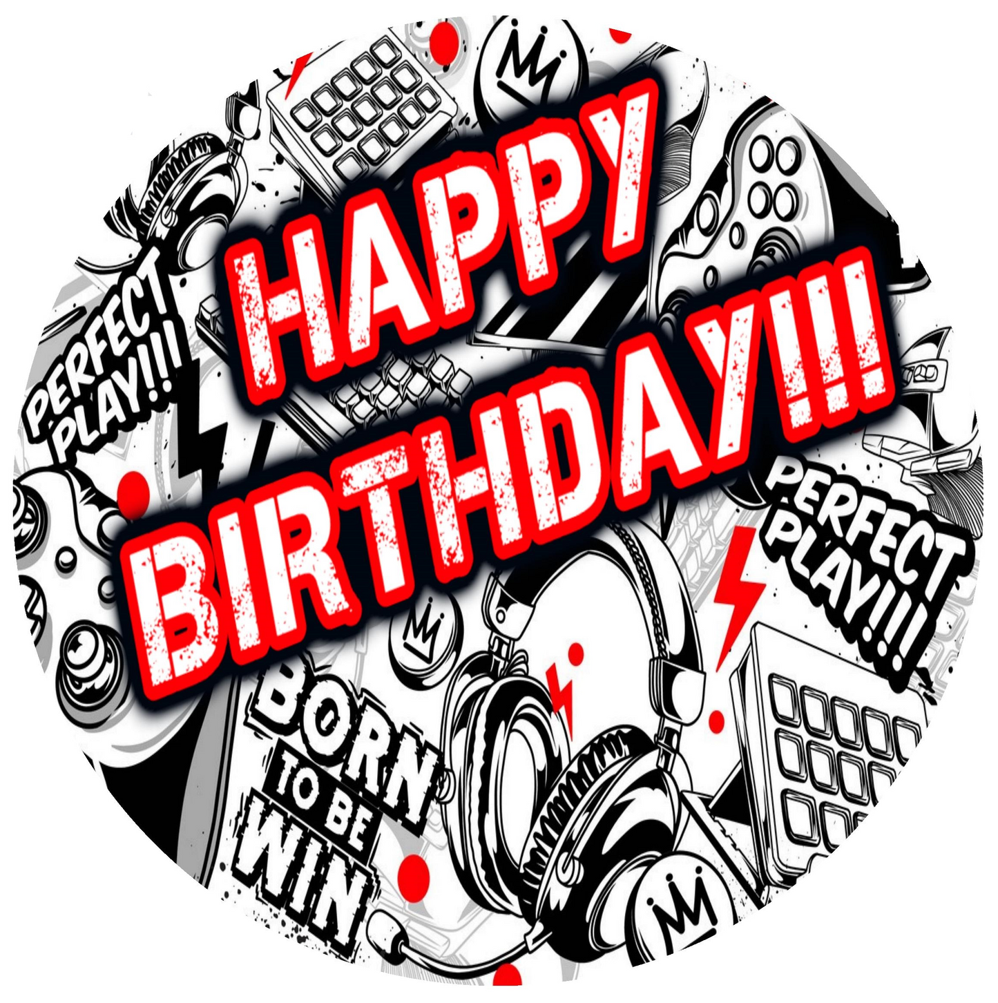 1.875" Pre-Cut Round Red, White & Black Happy Birthday Born to Win, Perfect Play Video Gamer Theme Edible Image Cupake Toppers, by Tnct. (1 Count)