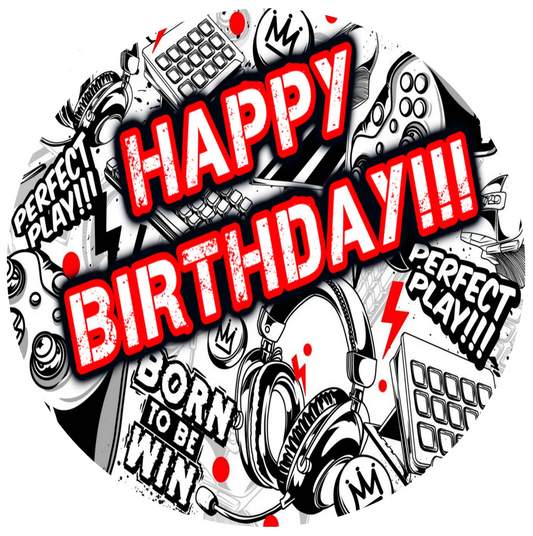 3" Pre-Cut Round Red, White & Black Happy Birthday Born to Win, Perfect Play Video Gamer Theme Edible Image Cupake Toppers, by Tnct. (1 Count)