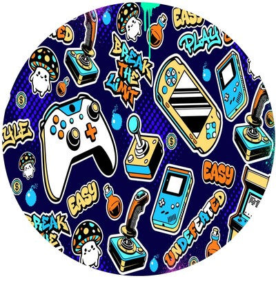 1.875" Pre-Cut Round Retro Gamer Undefeated Multicolor with Joystick & Gamer Control Pattern Edible Image Cupake Toppers, by Tnct. (1 Count)