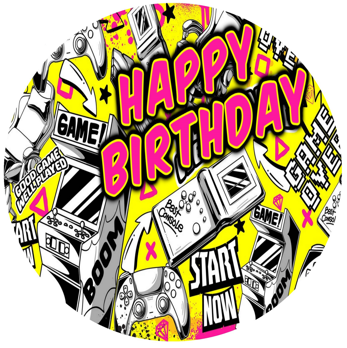3" Pre-Cut Round Happy Birthday Pink, Yellow & Black Game Over, Start Now, Well Played, Arcade Video Gamer Edible Image Cupake Toppers, by Tnct. (1 Count)