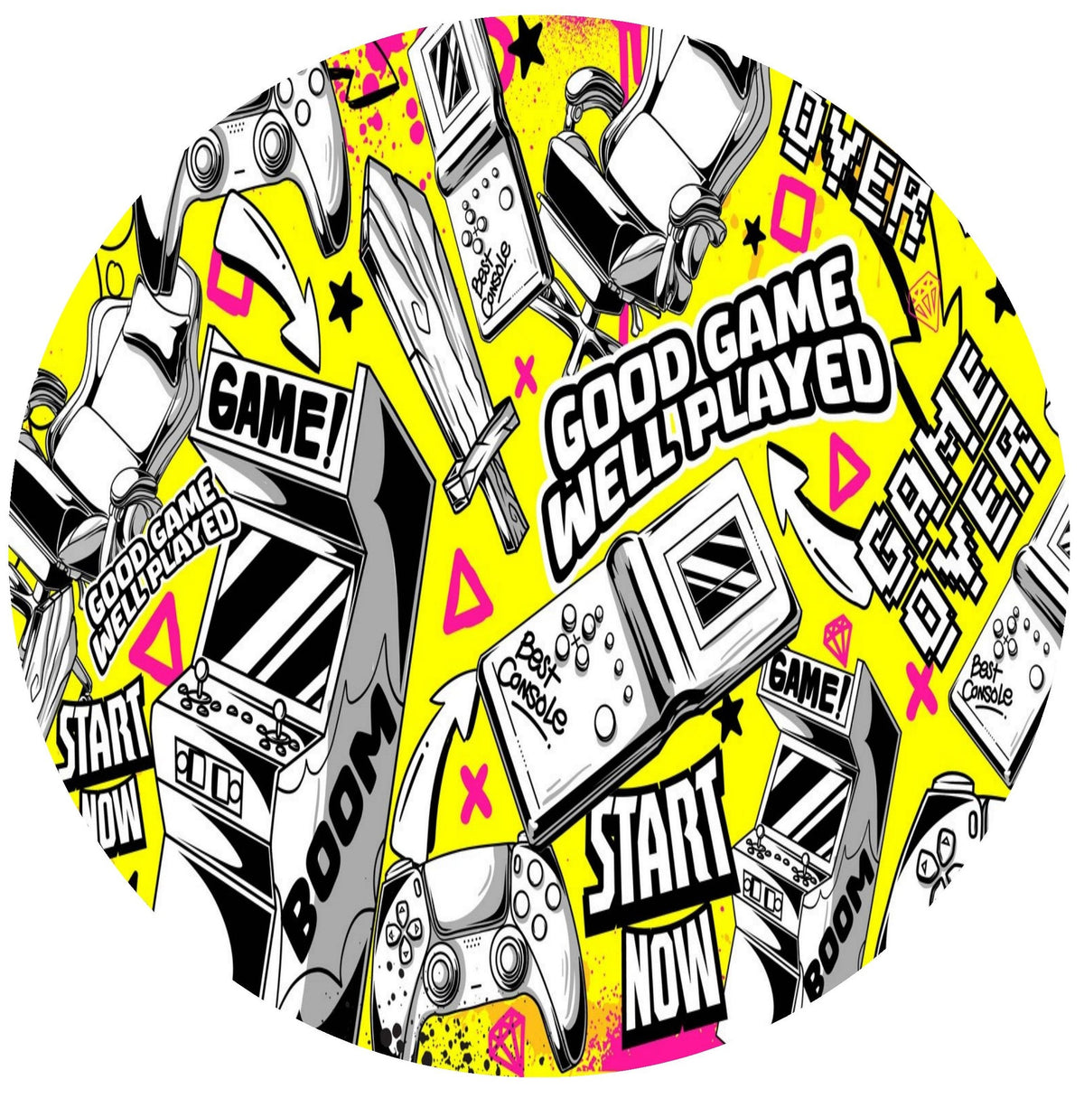 1.875" Pre-Cut Round Yellow, Black & White Gamer Theme with Video Arcade Games, Gamer Control Pattern Edible Image Cupake Toppers, by Tnct. (1 Count)