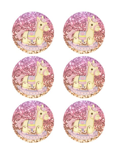 3" Round Pre-Cut Glitter Rocking Horse Edible Image Cupcake Or Cookie Toppers By TNCT!