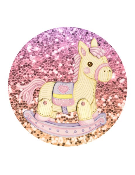 7.5" Pre-Cut Round Glitter Rocking Horse Edible Image By TNCT!